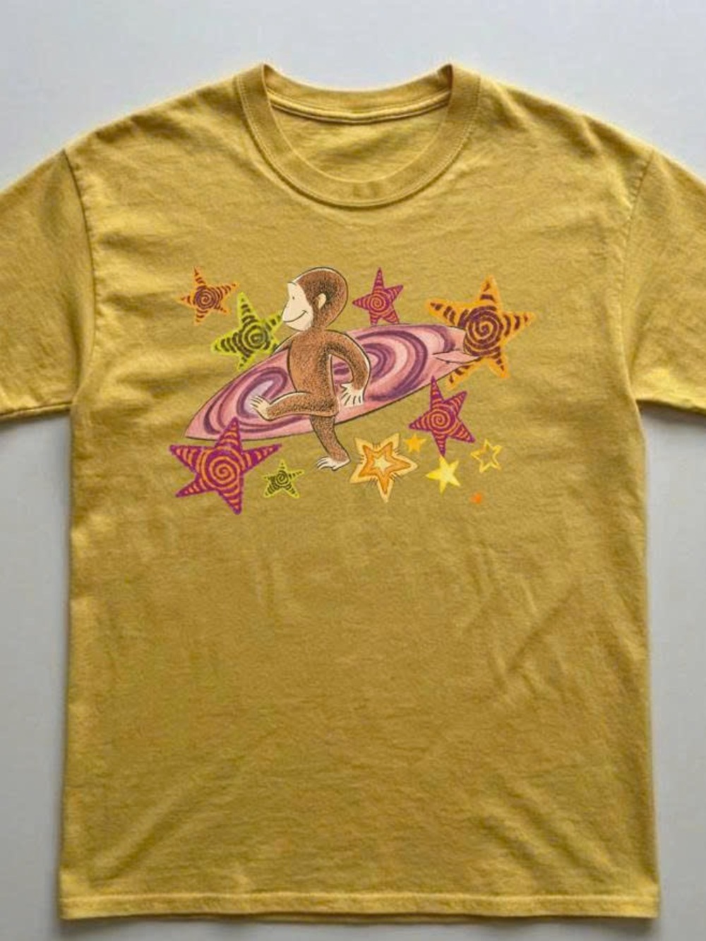 Yellow Short Sleeve Tee with Curious George Surfing Graphic